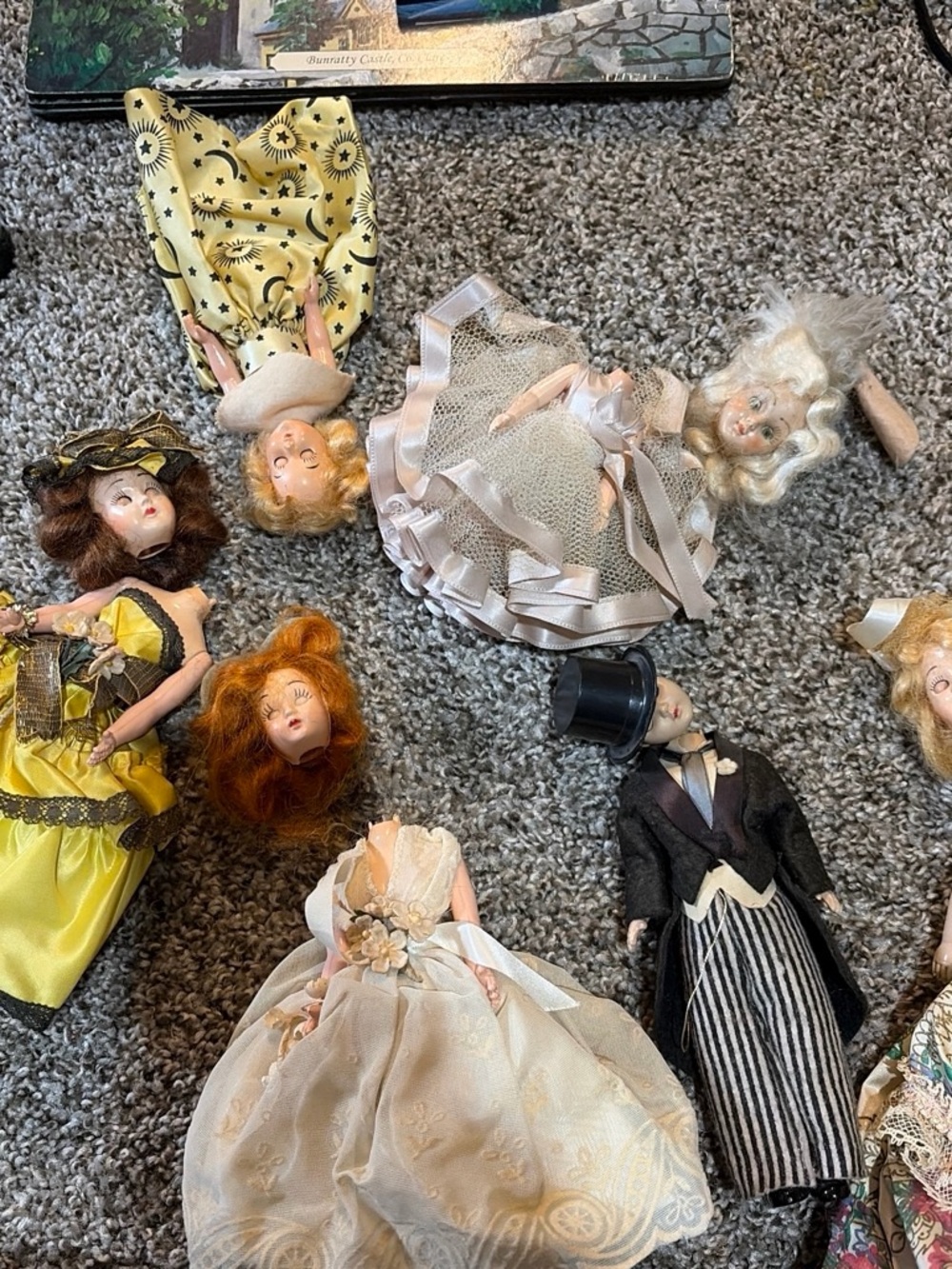 Porcelain Fashion Doll Lot — Assorted Yellow, White, Black, Cream Dresses